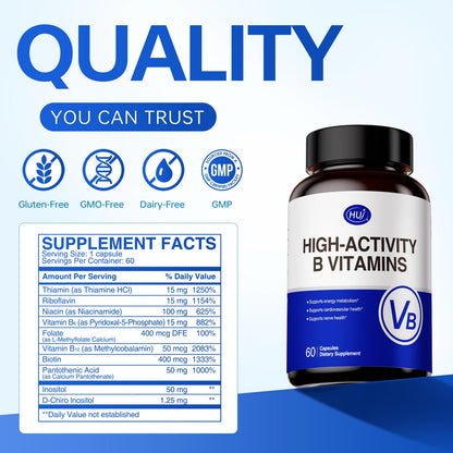 HUJ High-Activity B Vitamins - Supports Normal Energy Metabolism & Nerve System Health - Supplement with 8 B Vitamins, Inositol and D-Chiro Inositol - 60 Capsules. - dailyvitalstore