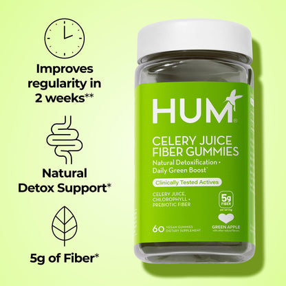 HUM Celery Juice Fiber Gummies for Adults, First Prebiotic Celery Juice Gummy, Gluten Free Fiber Supplement Supports Detoxification, Gut Health, Greens Gummies, Chlorophyll & Prebiotic Fiber, 60 Count - dailyvitalstore