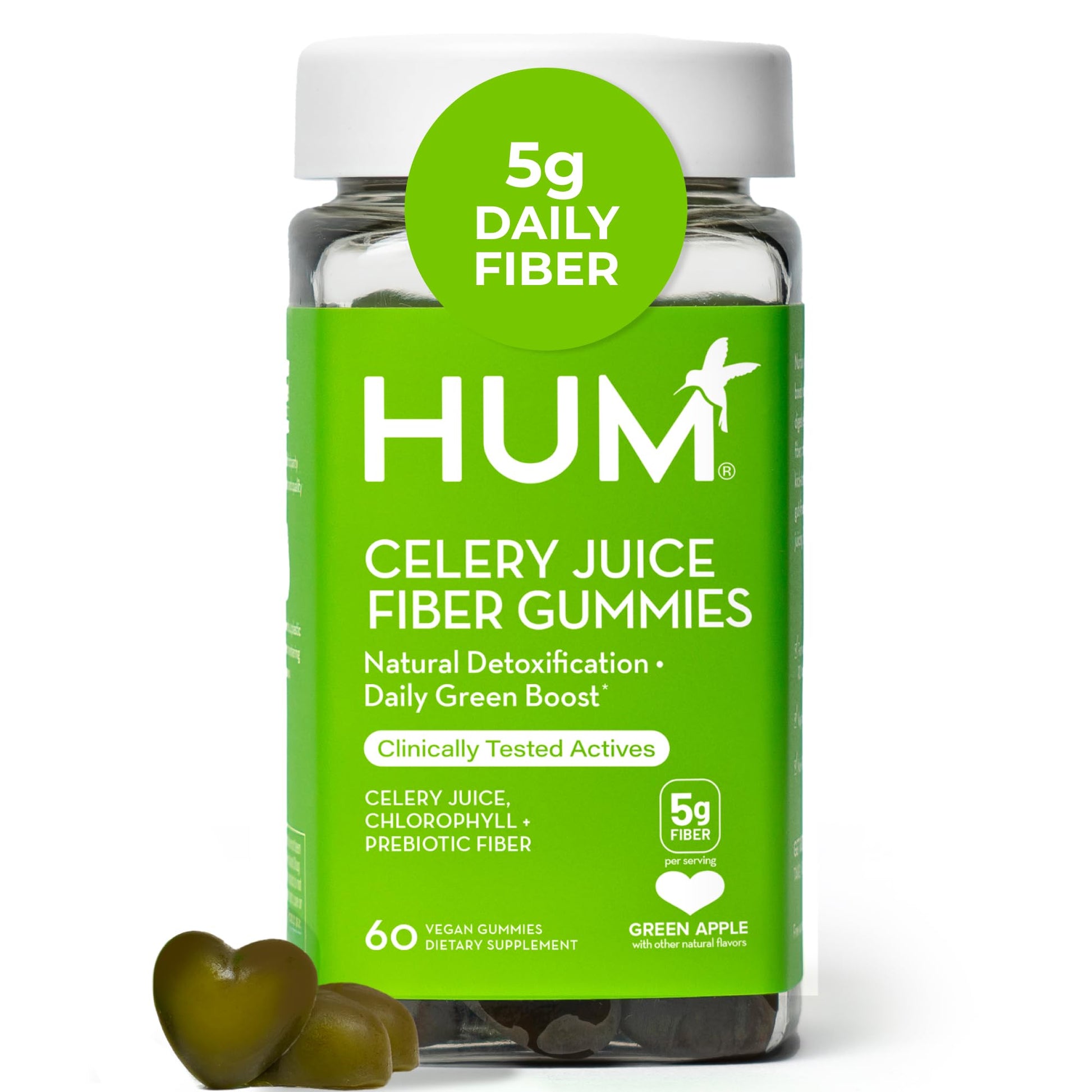 HUM Celery Juice Fiber Gummies for Adults, First Prebiotic Celery Juice Gummy, Gluten Free Fiber Supplement Supports Detoxification, Gut Health, Greens Gummies, Chlorophyll & Prebiotic Fiber, 60 Count - dailyvitalstore