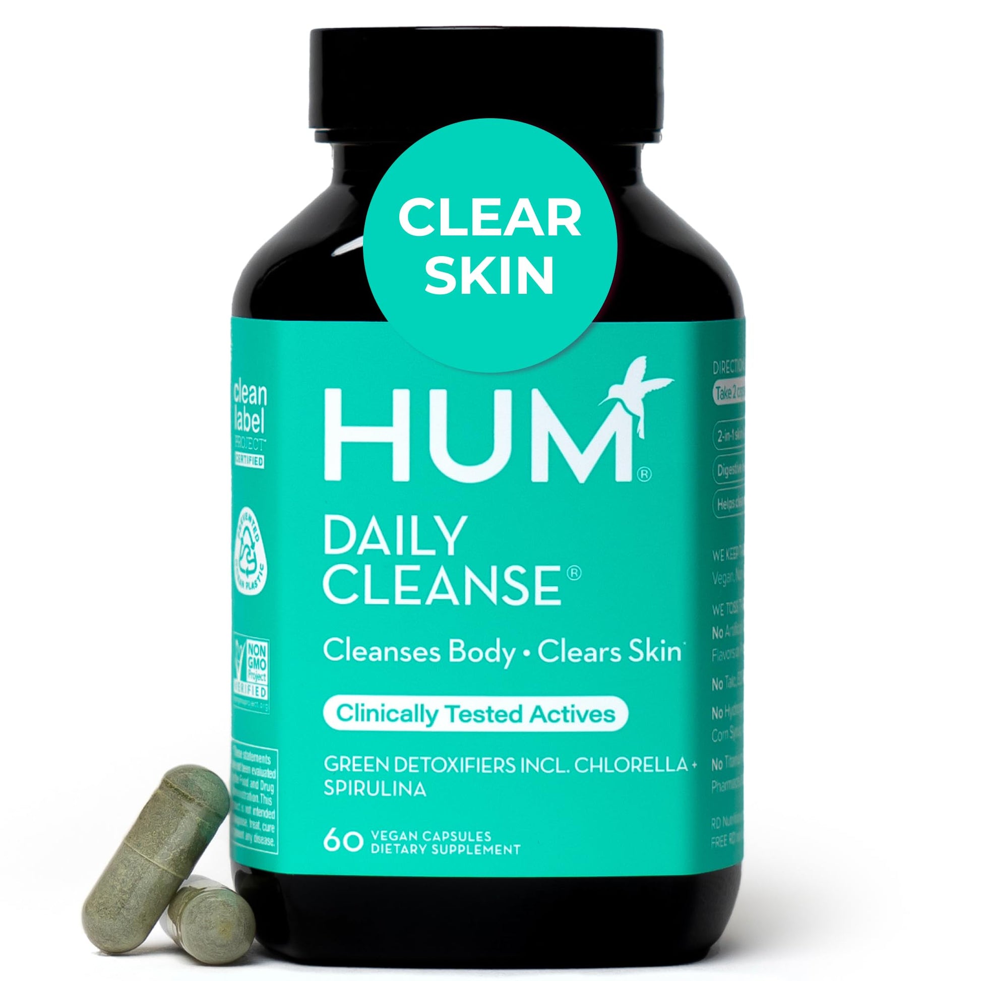 HUM Daily Cleanse Acne Supplements for Women & Men, Gentle Digestive Cleanse for Clear Skin Support, Zinc, Spirulina, Chlorella, Detoxifying Herbs, Organic Algae - dailyvitalstore