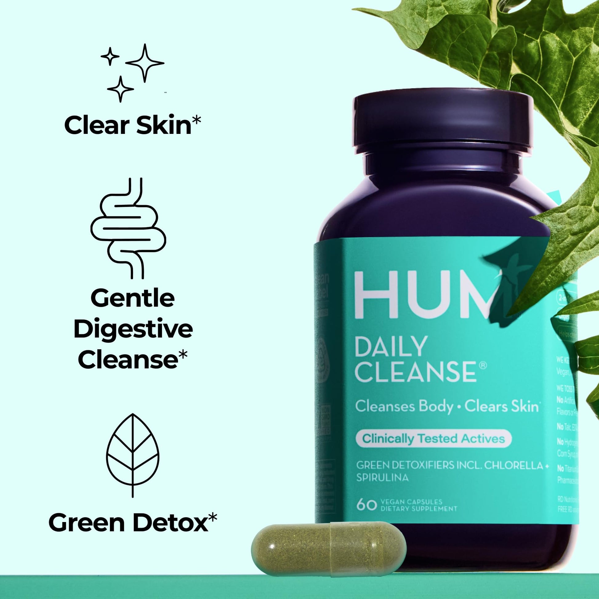HUM Daily Cleanse Acne Supplements for Women & Men, Gentle Digestive Cleanse for Clear Skin Support, Zinc, Spirulina, Chlorella, Detoxifying Herbs, Organic Algae - dailyvitalstore