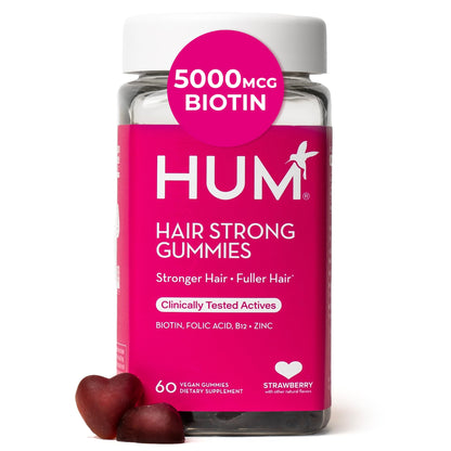 HUM Hair Strong Daily Hair Growth Gummies with Biotin, Zinc, Vitamin B12 to Support Growth, Folic Acid & Vitamin B12 Gummy Vitamins for Healthy Hair Support for Women and Men, 60 Gummies - dailyvitalstore