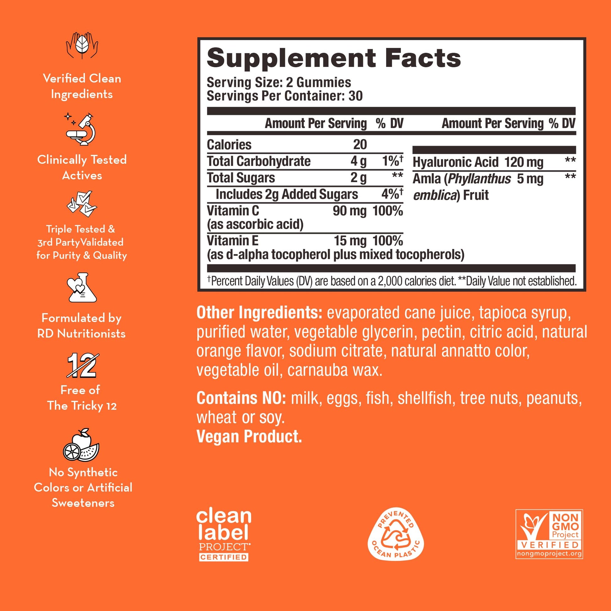 HUM Hyaluronic Glow Hydrating Skin Care Supplement, with Low Molecular Hyaluronic Acid, Vitamin C from Amla Fruit, and Vitamin E, Antioxidant Support for Skin Hydration, Tangerine, 60 Vegan Gummies - dailyvitalstore