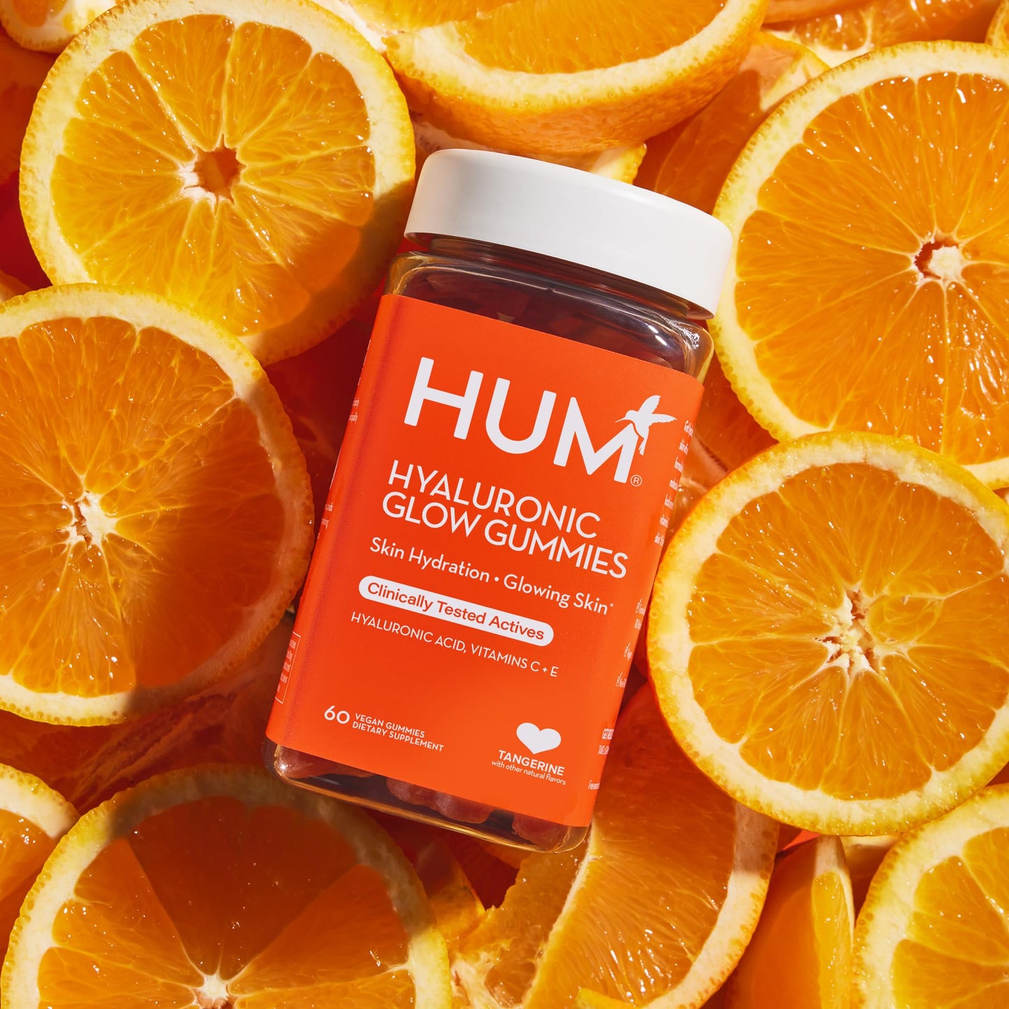 HUM Hyaluronic Glow Hydrating Skin Care Supplement, with Low Molecular Hyaluronic Acid, Vitamin C from Amla Fruit, and Vitamin E, Antioxidant Support for Skin Hydration, Tangerine, 60 Vegan Gummies - dailyvitalstore