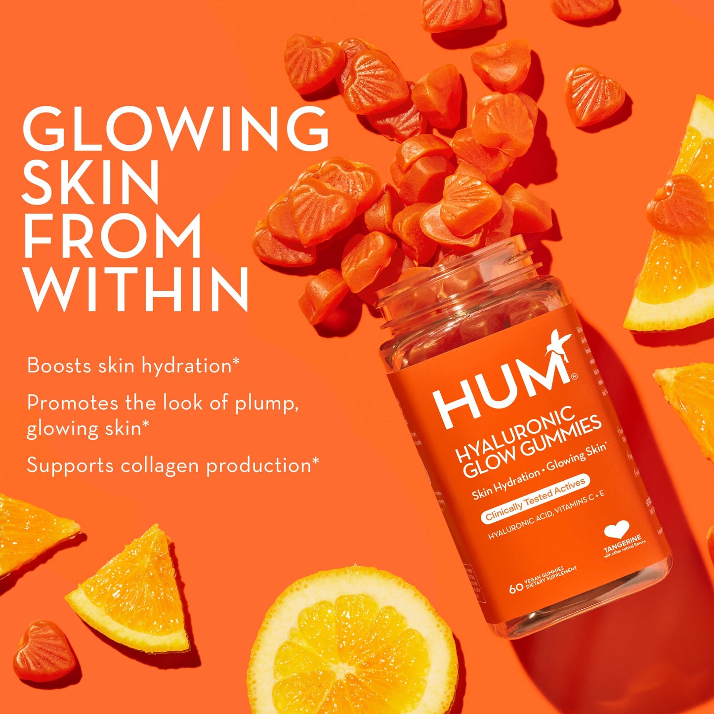 HUM Hyaluronic Glow Hydrating Skin Care Supplement, with Low Molecular Hyaluronic Acid, Vitamin C from Amla Fruit, and Vitamin E, Antioxidant Support for Skin Hydration, Tangerine, 60 Vegan Gummies - dailyvitalstore