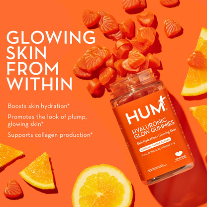 HUM Hyaluronic Glow Hydrating Skin Care Supplement, with Low Molecular Hyaluronic Acid, Vitamin C from Amla Fruit, and Vitamin E, Antioxidant Support for Skin Hydration, Tangerine, 60 Vegan Gummies - dailyvitalstore
