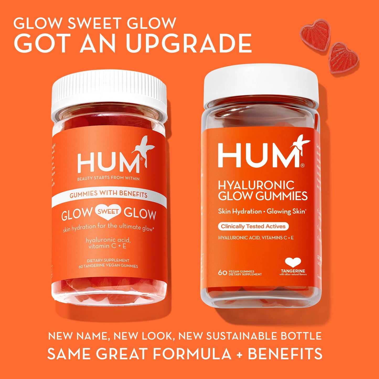 HUM Hyaluronic Glow Hydrating Skin Care Supplement, with Low Molecular Hyaluronic Acid, Vitamin C from Amla Fruit, and Vitamin E, Antioxidant Support for Skin Hydration, Tangerine, 60 Vegan Gummies - dailyvitalstore