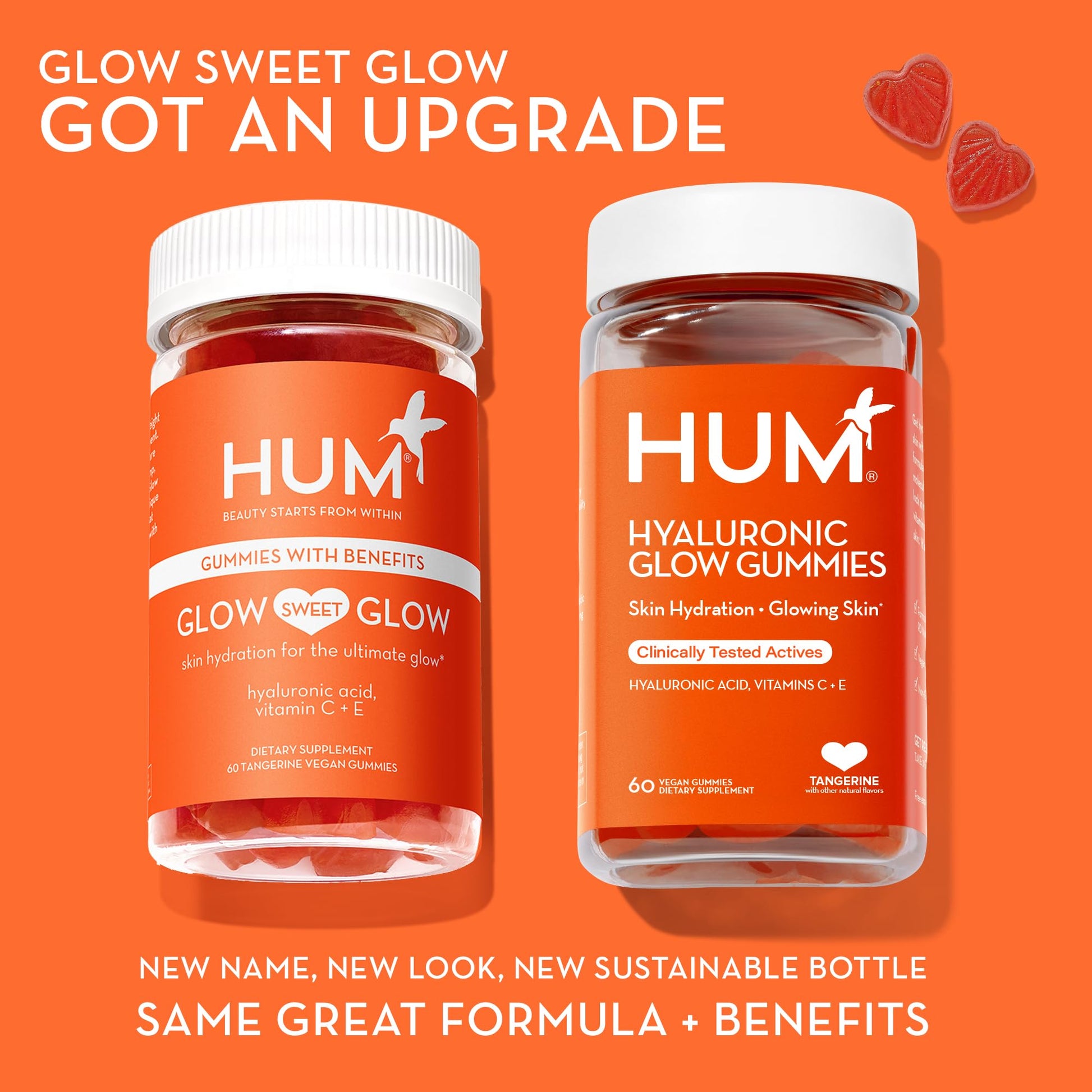 HUM Hyaluronic Glow Hydrating Skin Care Supplement, with Low Molecular Hyaluronic Acid, Vitamin C from Amla Fruit, and Vitamin E, Antioxidant Support for Skin Hydration, Tangerine, 60 Vegan Gummies - dailyvitalstore