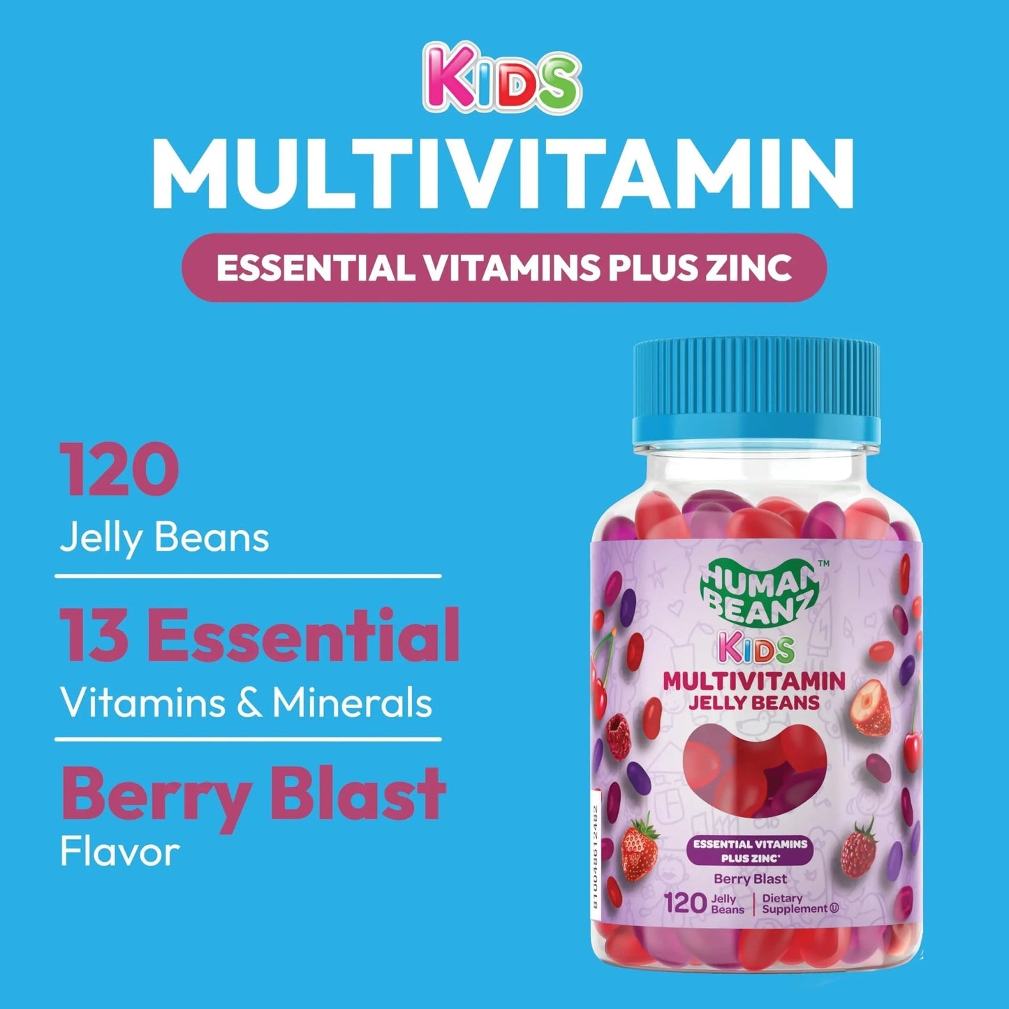 Human Beanz Multivitamin Jelly Bean Gummies with Zinc for Kids, Immune Support Dietary Supplements, Vegetarian, 120 Berry Blast Jelly Beans, Kosher - dailyvitalstore