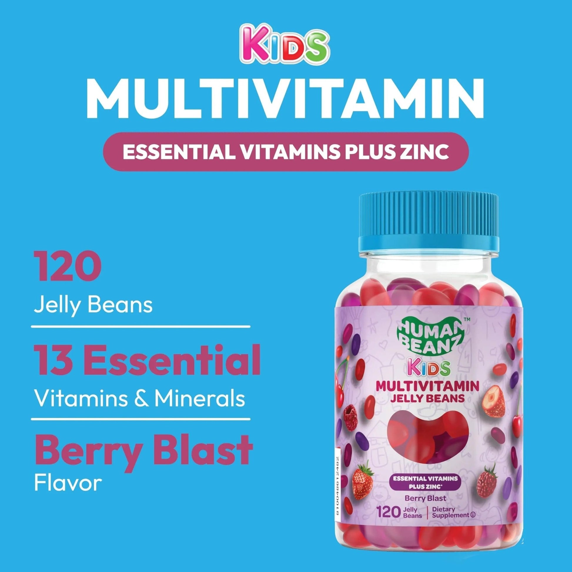 Human Beanz Multivitamin Jelly Bean Gummies with Zinc for Kids, Immune Support Dietary Supplements, Vegetarian, 120 Berry Blast Jelly Beans, Kosher - dailyvitalstore