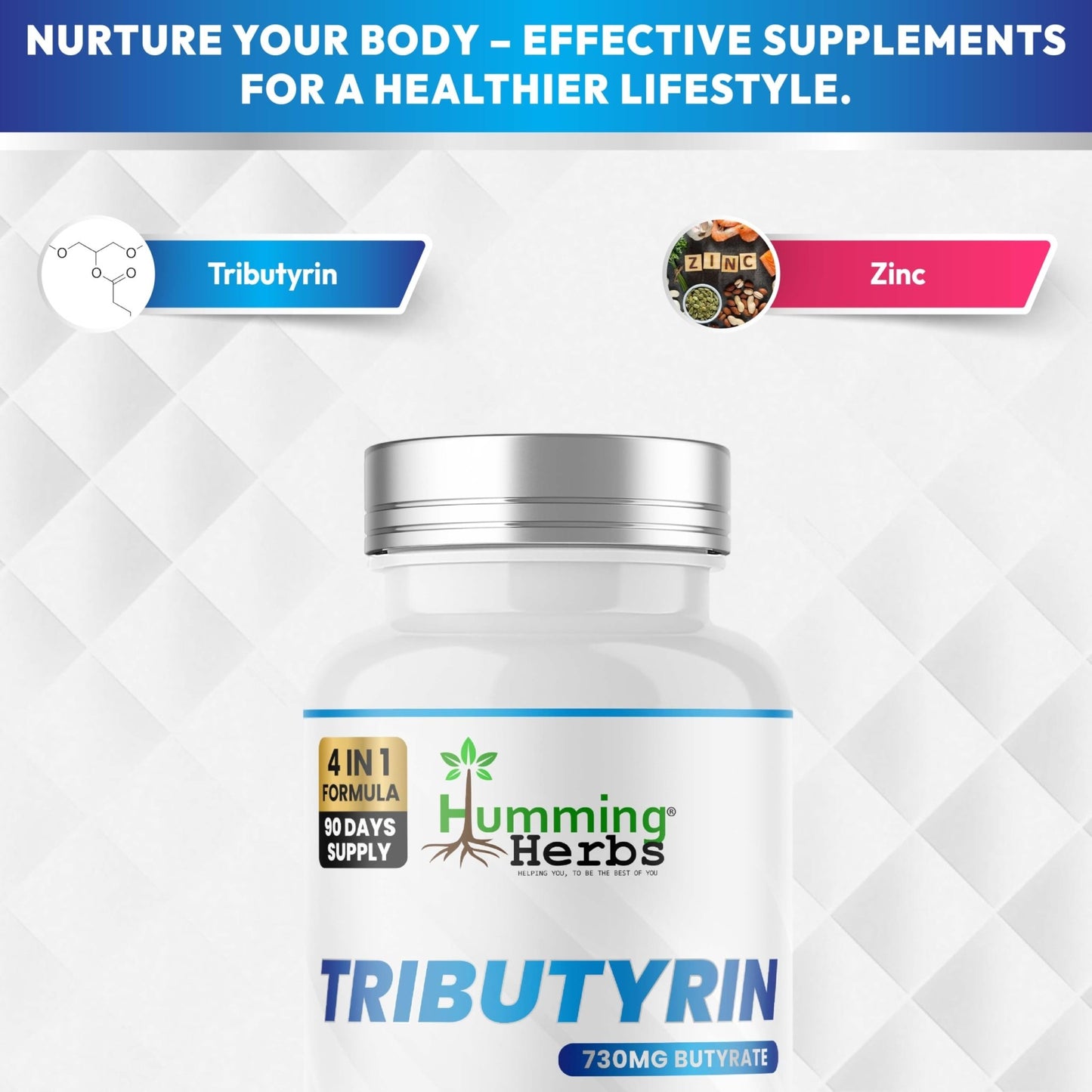 Humming Herbs Tributyrin Complex — 850 mg per Serving (95% Pure, yielding 731 mg Butyrate) with L-Glutamine, Zinc L-Carnosine, FOS & Probiotic Blend (180) - dailyvitalstore