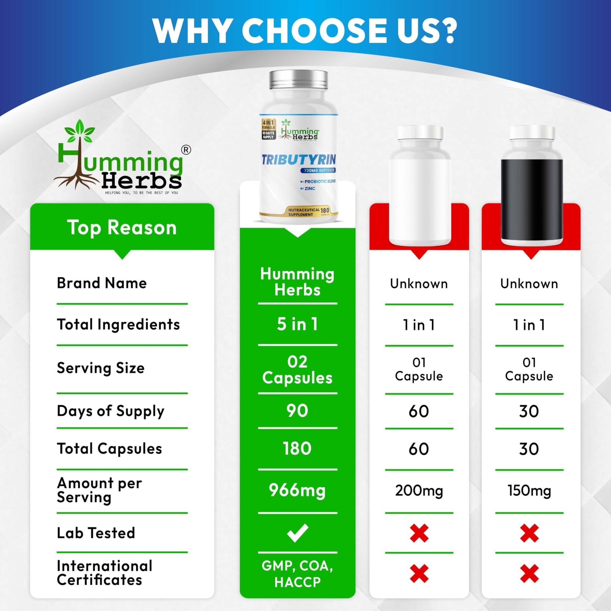 Humming Herbs Tributyrin Complex — 850 mg per Serving (95% Pure, yielding 731 mg Butyrate) with L-Glutamine, Zinc L-Carnosine, FOS & Probiotic Blend (180) - dailyvitalstore
