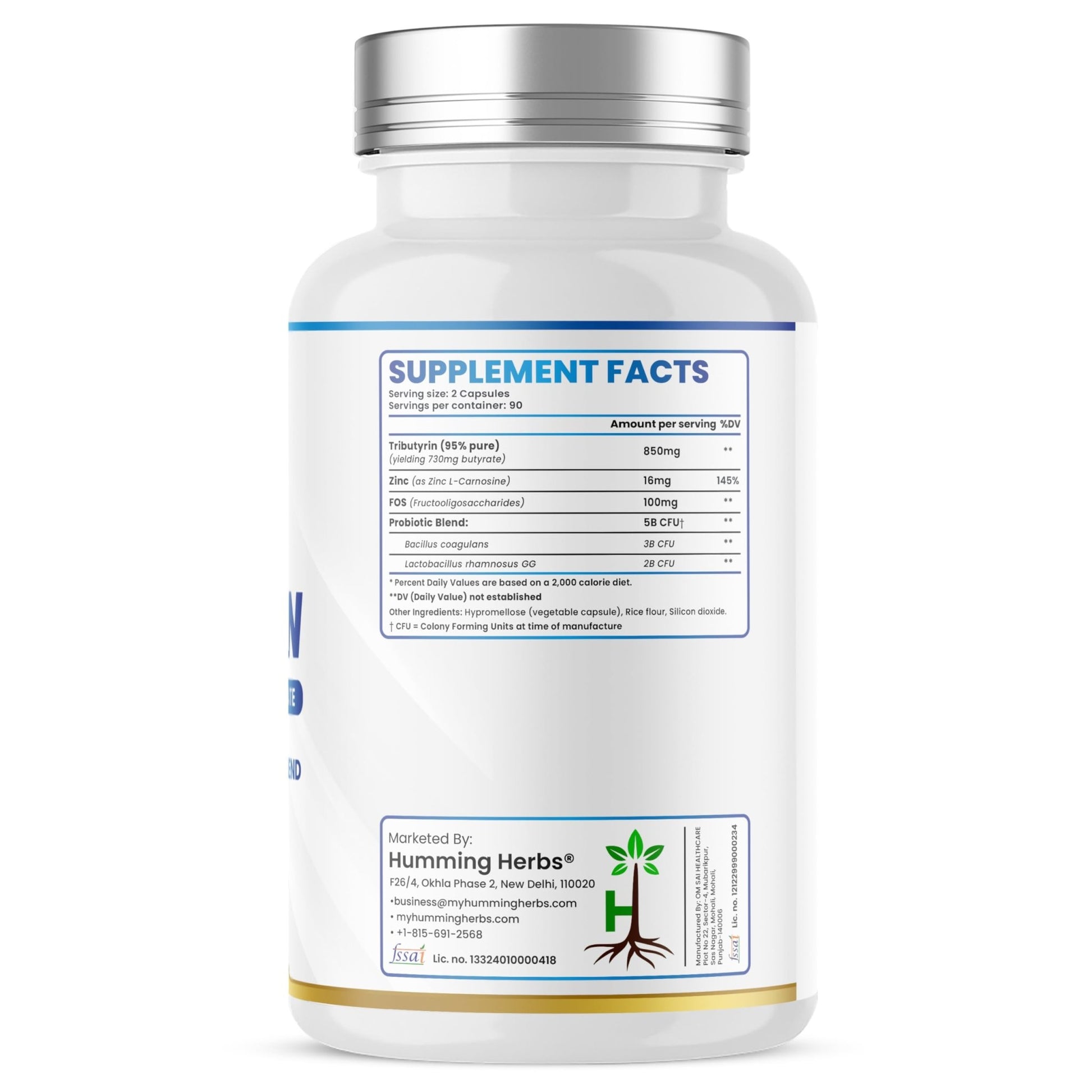 Humming Herbs Tributyrin Complex — 850 mg per Serving (95% Pure, yielding 731 mg Butyrate) with L-Glutamine, Zinc L-Carnosine, FOS & Probiotic Blend (180) - dailyvitalstore