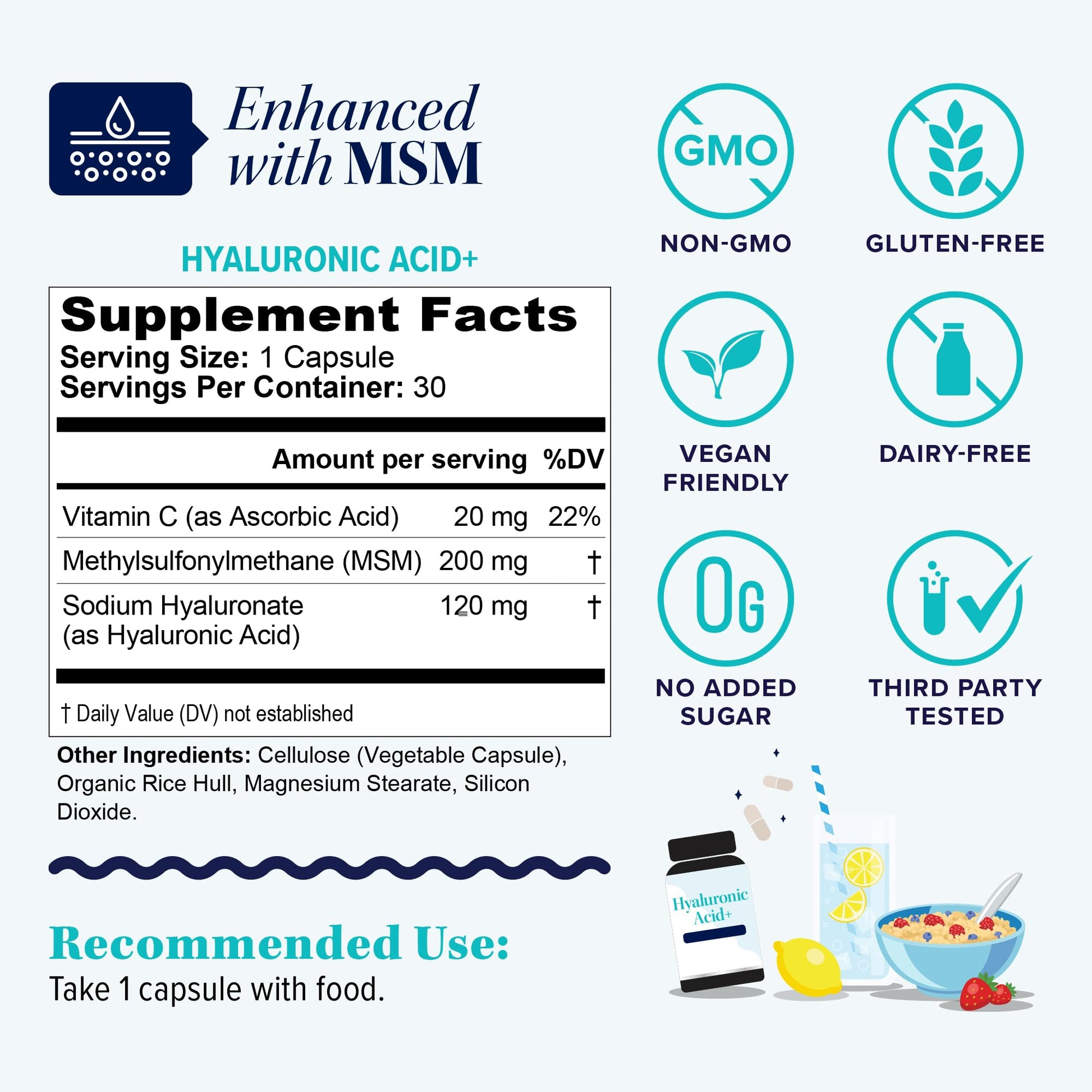 Hyaluronic Acid Capsules with MSM & Vitamin C | 120mg Sodium Hyaluronate | Skin Hydration, Elasticity & Collagen Support | Vegan, Non-GMO - dailyvitalstore