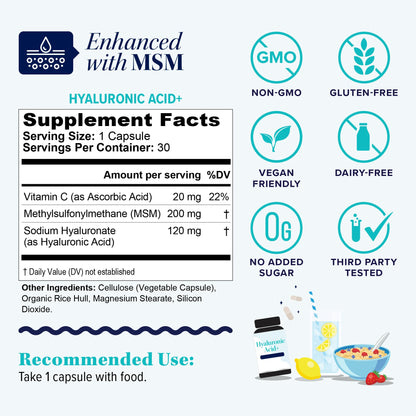 Hyaluronic Acid Capsules with MSM & Vitamin C | 120mg Sodium Hyaluronate | Skin Hydration, Elasticity & Collagen Support | Vegan, Non-GMO - dailyvitalstore