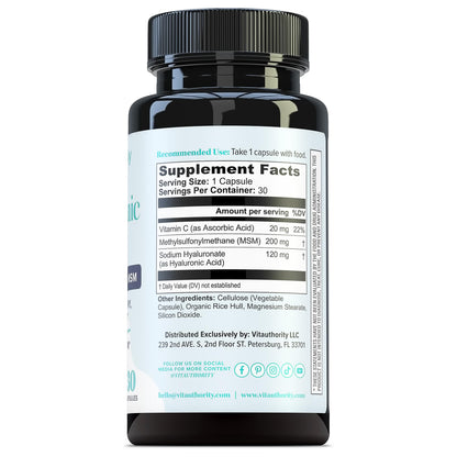 Hyaluronic Acid Capsules with MSM & Vitamin C | 120mg Sodium Hyaluronate | Skin Hydration, Elasticity & Collagen Support | Vegan, Non-GMO - dailyvitalstore