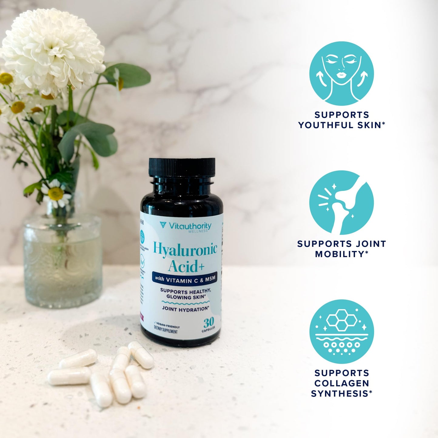 Hyaluronic Acid Capsules with MSM & Vitamin C | 120mg Sodium Hyaluronate | Skin Hydration, Elasticity & Collagen Support | Vegan, Non-GMO - dailyvitalstore