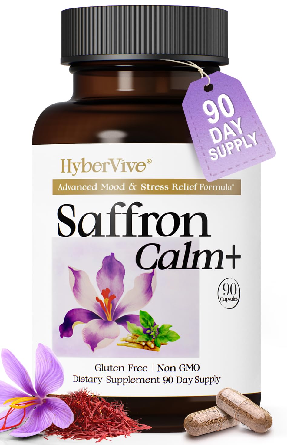 HyberVive Saffron Supplements with Ashwagandha & L-Theanine - 368.5MG - Mood Balance, Stress Relief & Mental Clarity – Cortisol Support for Women & Men, Made in USA, 90 Vegan Capsules - dailyvitalstore