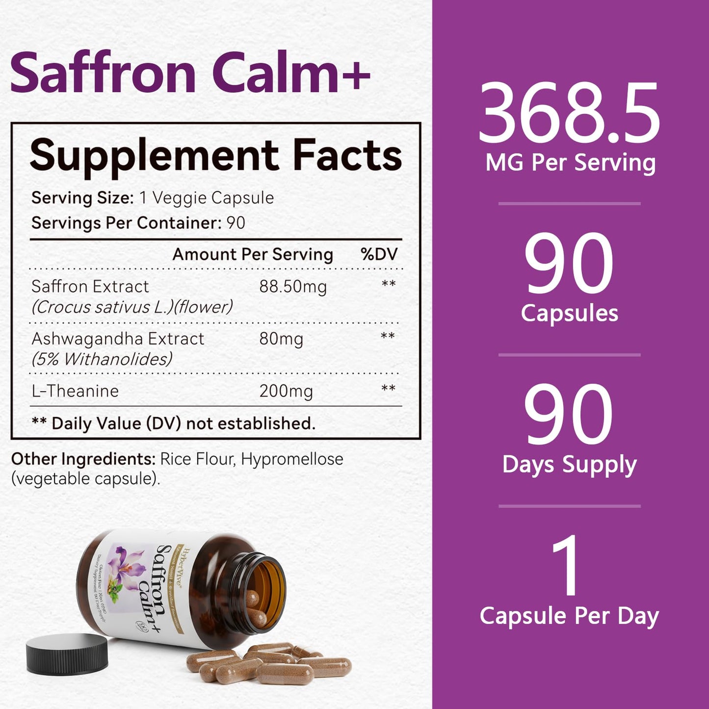 HyberVive Saffron Supplements with Ashwagandha & L-Theanine - 368.5MG - Mood Balance, Stress Relief & Mental Clarity – Cortisol Support for Women & Men, Made in USA, 90 Vegan Capsules - dailyvitalstore