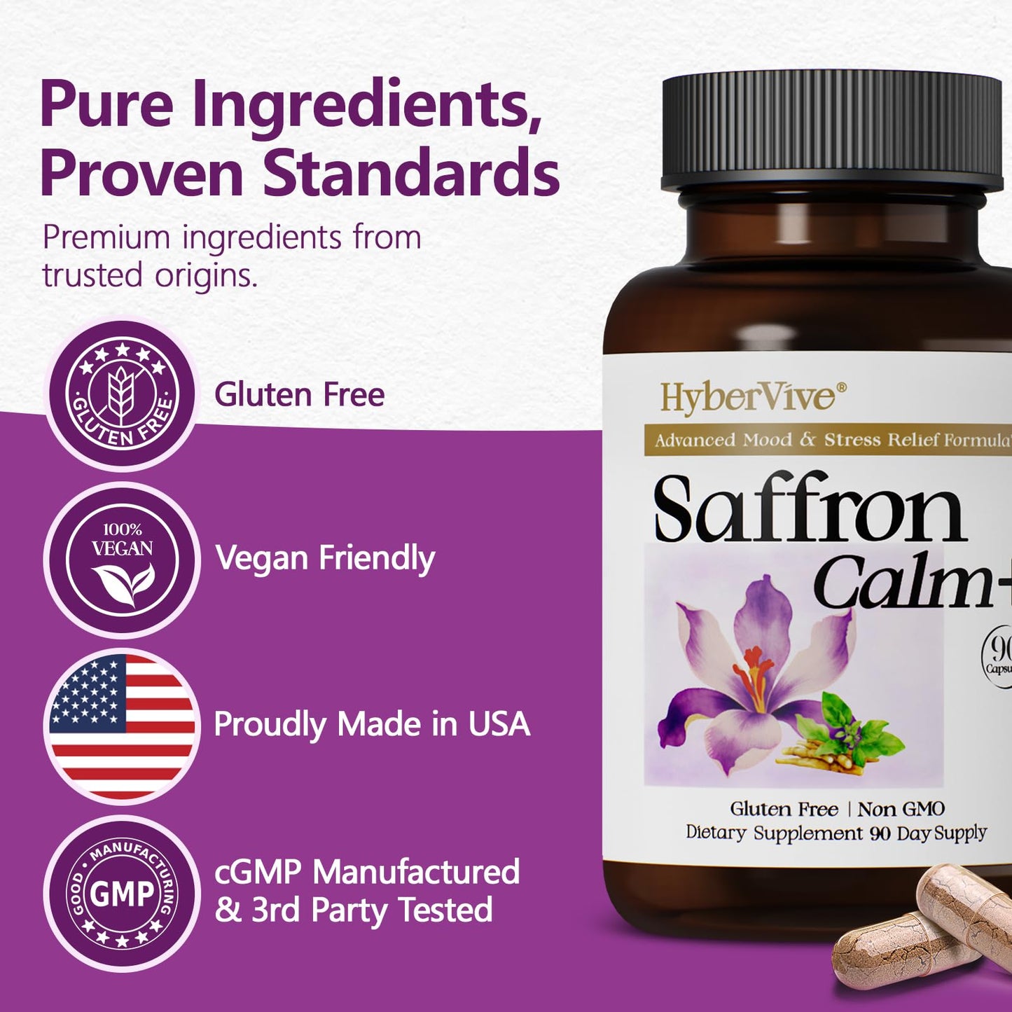 HyberVive Saffron Supplements with Ashwagandha & L-Theanine - 368.5MG - Mood Balance, Stress Relief & Mental Clarity – Cortisol Support for Women & Men, Made in USA, 90 Vegan Capsules - dailyvitalstore