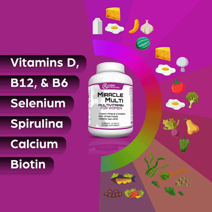Hybrid Nutraceuticals MiracleMulti Women Multivitamin with Probiotics, Biotin, Folic Acid, Enzymes + Fruit & Vegetable Blend - Immune Support, Heart Health, Energy: 60 Servings (Non-GMO) - dailyvitalstore