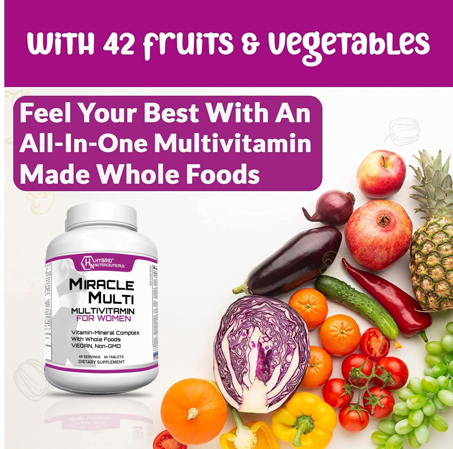 Hybrid Nutraceuticals MiracleMulti Women Multivitamin with Probiotics, Biotin, Folic Acid, Enzymes + Fruit & Vegetable Blend - Immune Support, Heart Health, Energy: 60 Servings (Non-GMO) - dailyvitalstore