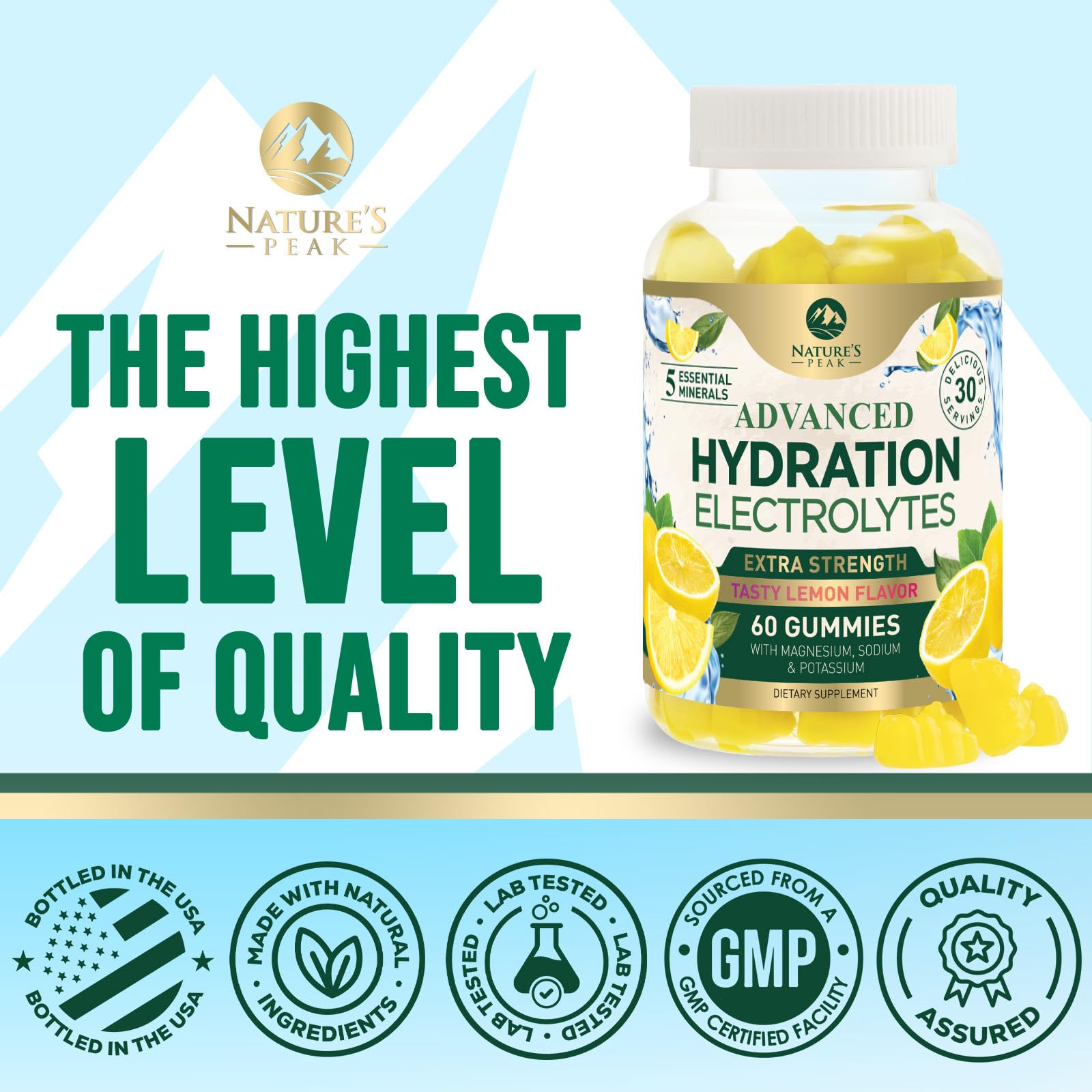 Hydration Electrolyte Gummies - Daily Liquid Replenisher Gummy - Electrolyte Multiplier with Minerals, Potassium & Real Salt - Vegan, Non-GMO - Tasty Lemon Flavor Hydration Electrolytes - 60 Gummies - dailyvitalstore