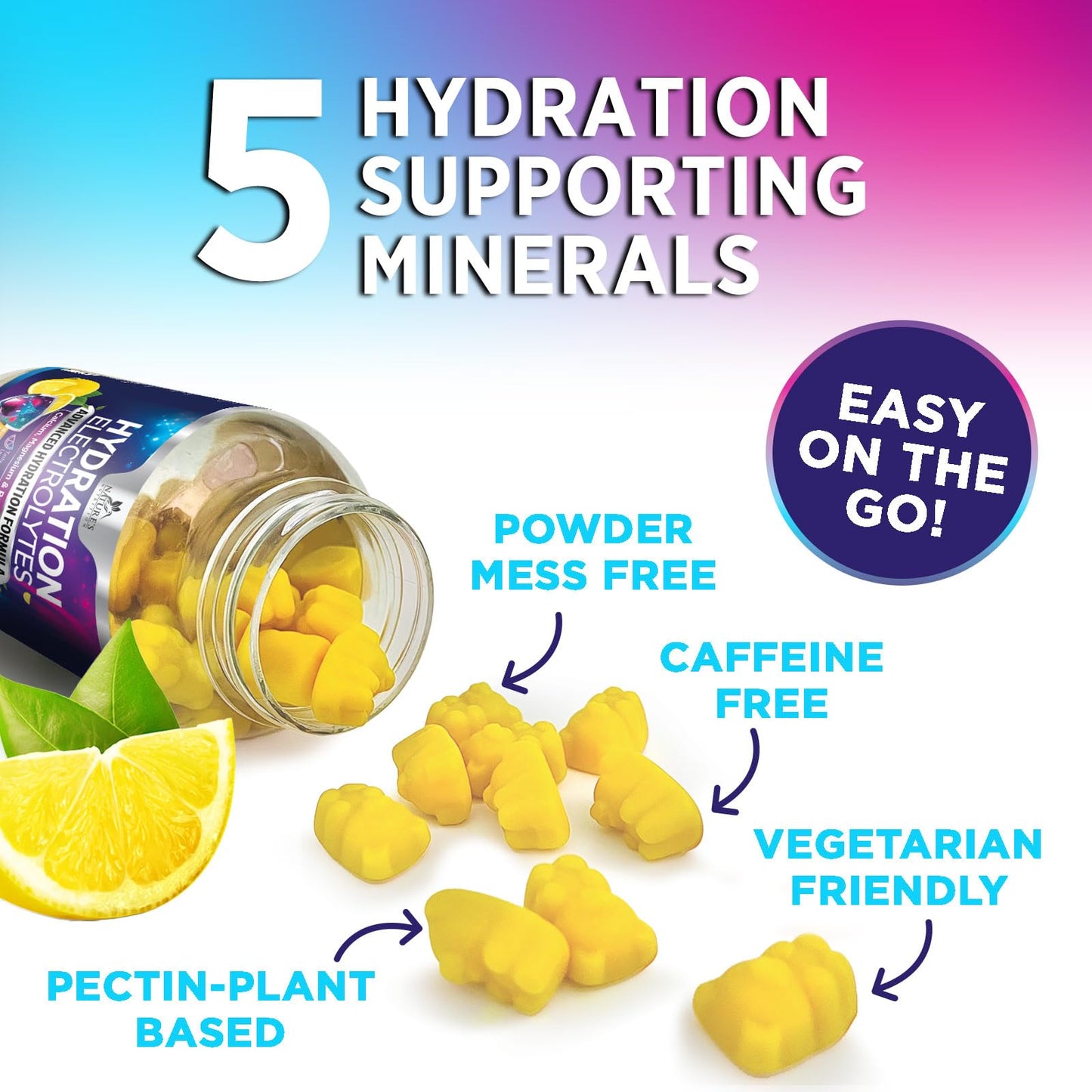 Hydration Electrolyte Gummies - Daily Liquid Replenisher Gummy - Electrolyte Multiplier with Minerals, Potassium & Real Salt - Vegan, Non-GMO - Tasty Lemon Flavor Hydration Electrolytes - dailyvitalstore