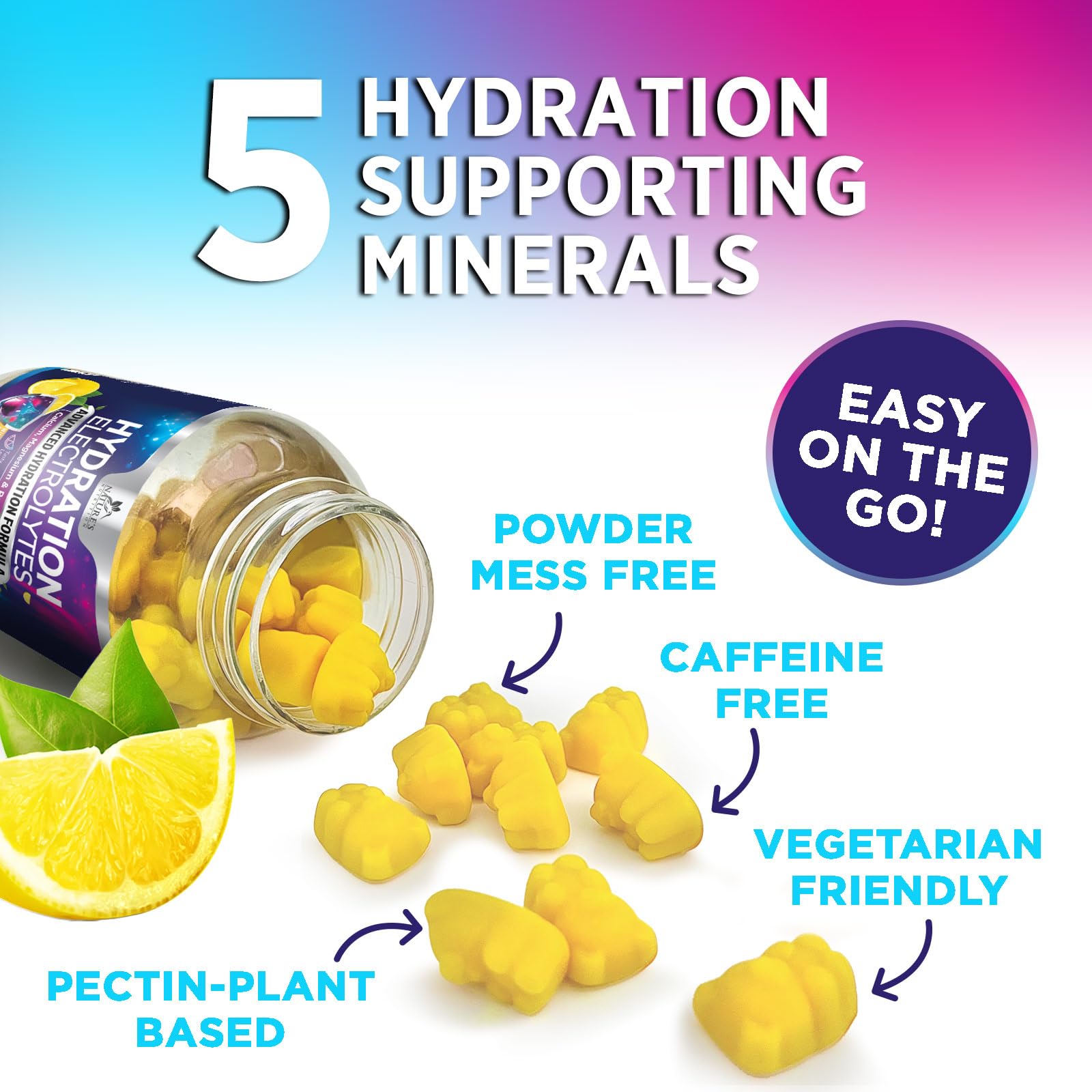 Hydration Electrolyte Gummies - Daily Liquid Replenisher Gummy - Electrolyte Multiplier with Minerals, Potassium & Real Salt - Vegan, Non-GMO - Tasty Lemon Flavor Hydration Electrolytes - dailyvitalstore