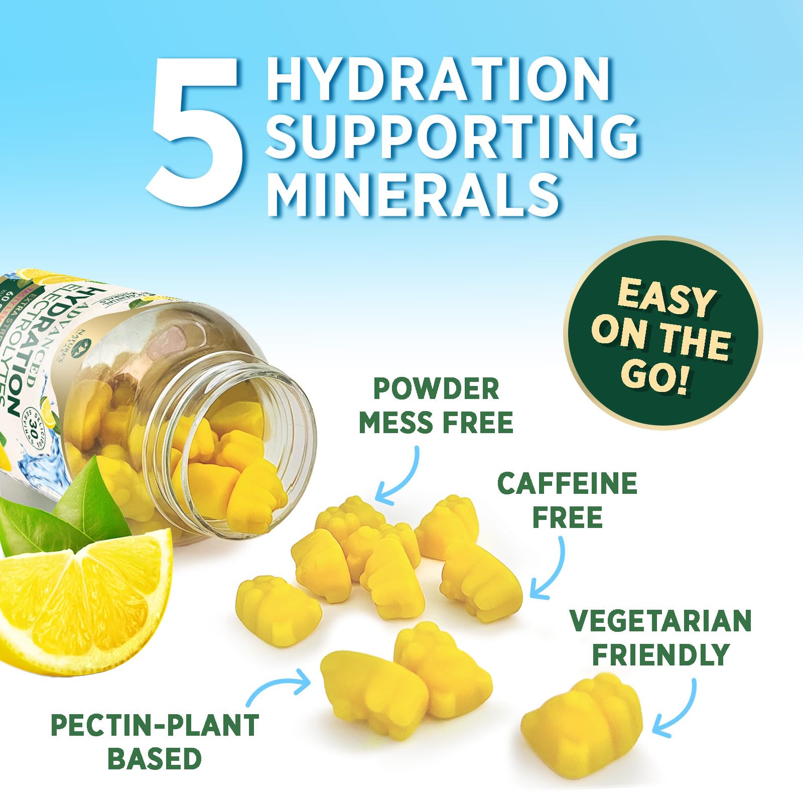 Hydration Electrolyte Gummies - Daily Liquid Replenisher Gummy - Electrolyte Multiplier with Minerals, Potassium & Real Salt - Vegan, Non-GMO - Tasty Lemon Flavor Hydration Electrolytes - 60 Gummies - dailyvitalstore