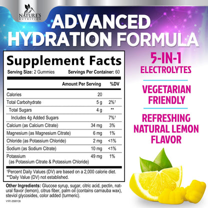 Hydration Electrolyte Gummies - Daily Liquid Replenisher Gummy - Electrolyte Multiplier with Minerals, Potassium & Real Salt - Vegan, Non-GMO - Tasty Lemon Flavor Hydration Electrolytes - dailyvitalstore