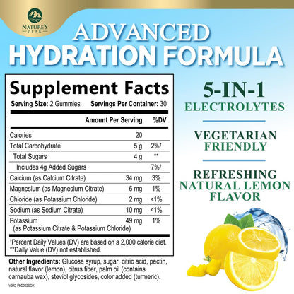 Hydration Electrolyte Gummies - Daily Liquid Replenisher Gummy - Electrolyte Multiplier with Minerals, Potassium & Real Salt - Vegan, Non-GMO - Tasty Lemon Flavor Hydration Electrolytes - 60 Gummies - dailyvitalstore