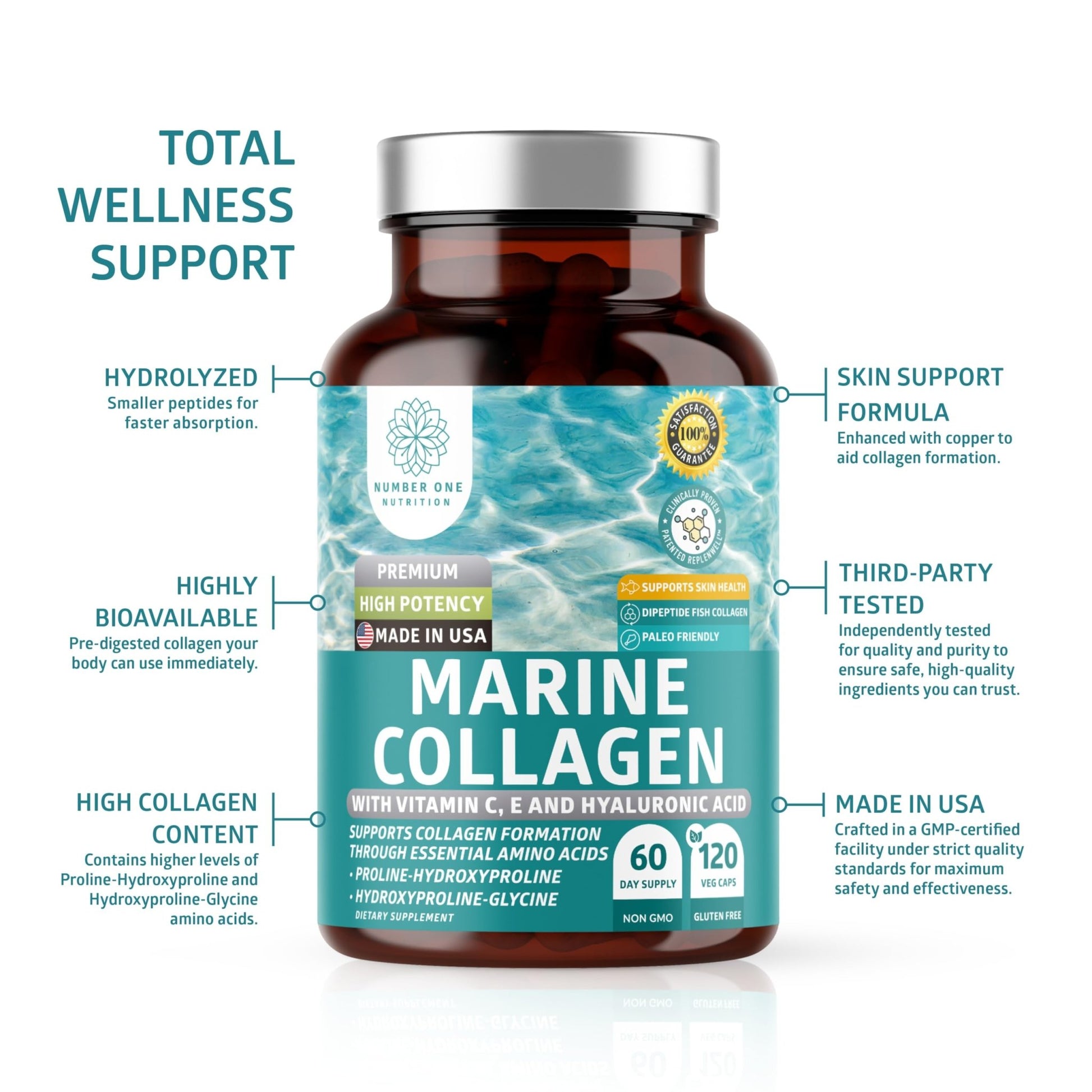 Hydrolyzed Marine Collagen with Hyaluronic Acid, Vitamin C, Theaflavin and Copper, Collagen Supplement for Women and Men for Radiant Skin, Hair & Nails, - dailyvitalstore