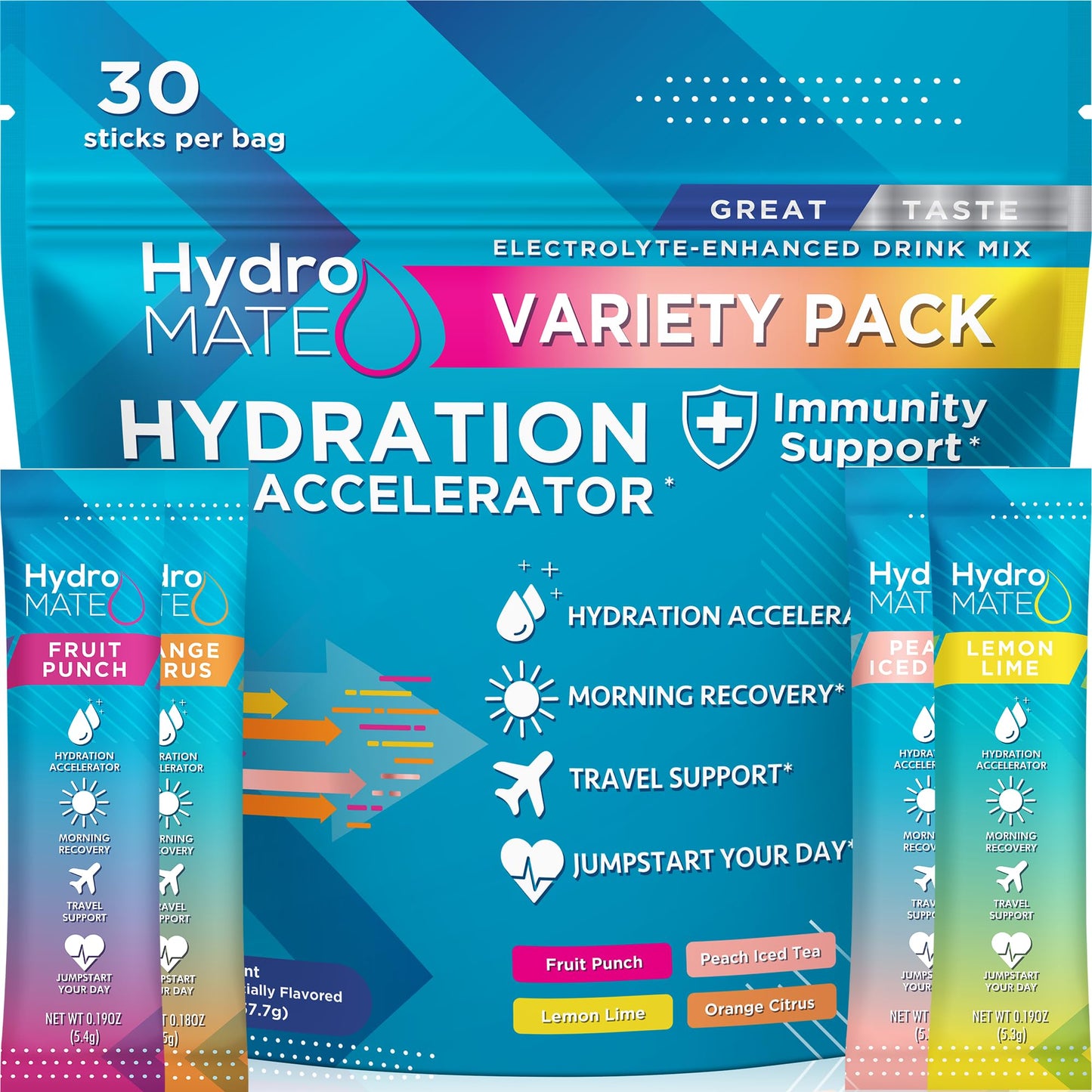 HydroMATE Electrolyte Powder Variety Pack Hydration Packets Low Sugar 30 Count - dailyvitalstore