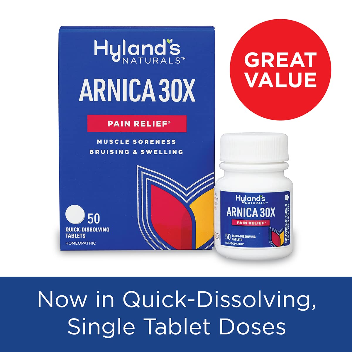 Hyland's Arnica Montana 30x Tablets, Natural Relief of Bruises, Swelling and Muscle Soreness, Quick Dissolving Tablets (Pack of 1, 50 Count Total) - dailyvitalstore