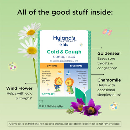 Hyland's Kids Cold and Cough, Day and Night Combo Pack, Cold Medicine for Ages 2 and up, Syrup Cough Medicine for Kids, Nasal Decongestant, 4 Fl Oz (Pack of 2) - dailyvitalstore
