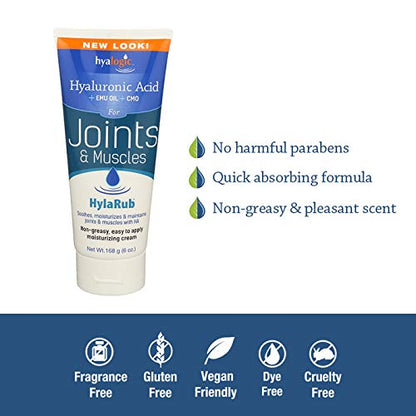 HylaRub HA Joint & Muscle Cream – Hyaluronic Acid Muscle Rub w/Emu Oil & CMO – Non Greasy, Soothes, Moisturizes & Maintains Shoulders, Knees, Back, HIPS & More 6 oz. by Hyalogic - dailyvitalstore