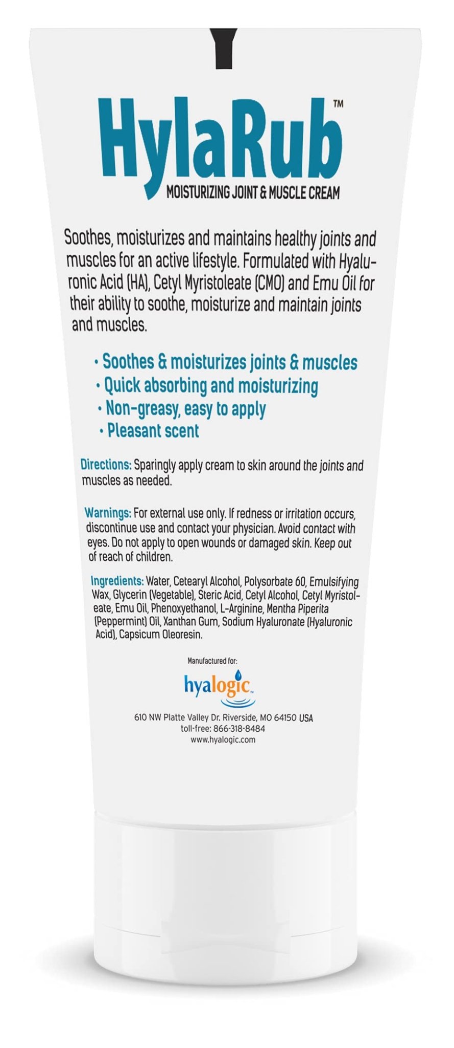 HylaRub HA Joint & Muscle Cream – Hyaluronic Acid Muscle Rub w/Emu Oil & CMO – Non Greasy, Soothes, Moisturizes & Maintains Shoulders, Knees, Back, HIPS & More 6 oz. by Hyalogic - dailyvitalstore