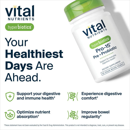 Hyperbiotics Vital Nutrients Pro-15 Prebiotics and Probiotics for Women and Men | 15 Science Backed Strains | Supports Occasional Constipation, Diarrhea, Gas & Bloating | 60 Vegan Time Release Pearls - dailyvitalstore