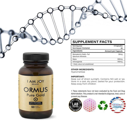 I Am Joy co. Ormus Gold Capsules Monoatomic Elements with Adaptogens Maca and Ashwaganda | May Help Balance Mood, Decalcify Pineal Gland, Repair DNA, Enhance Relaxation - 60 Vegan Capsules - dailyvitalstore