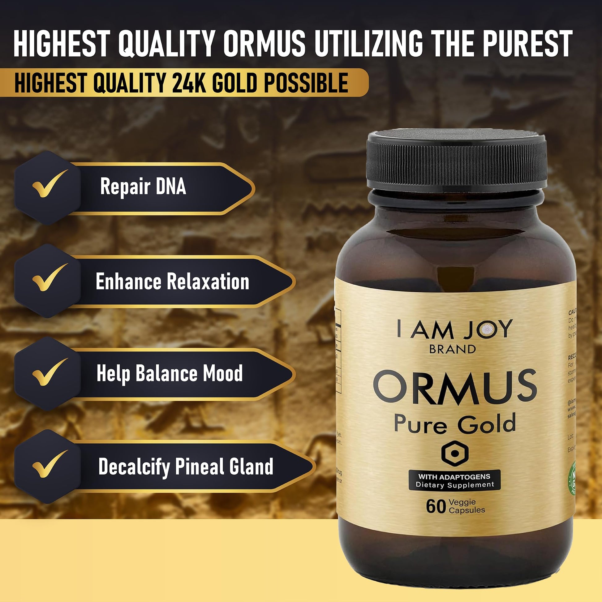 I Am Joy co. Ormus Gold Capsules Monoatomic Elements with Adaptogens Maca and Ashwaganda | May Help Balance Mood, Decalcify Pineal Gland, Repair DNA, Enhance Relaxation - 60 Vegan Capsules - dailyvitalstore