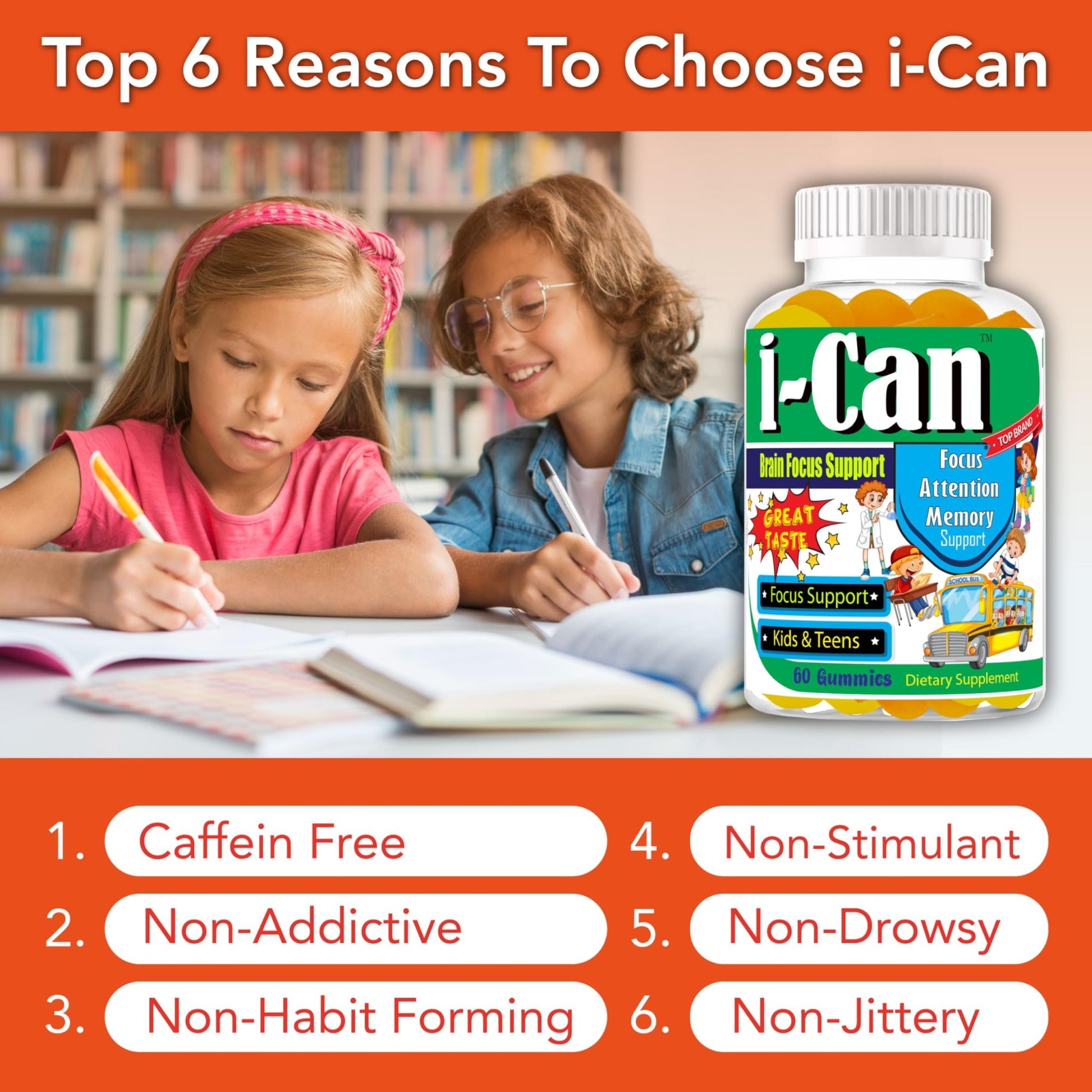 I-Can Focus Gummies for Kids & Teens, Omega 3 Gummies with DHA & EPA, Brain Health, Memory, Attention Support, Teen Brain Focus Vitamins, Non-Fishy Taste, Low Sugar, 60 Count - dailyvitalstore