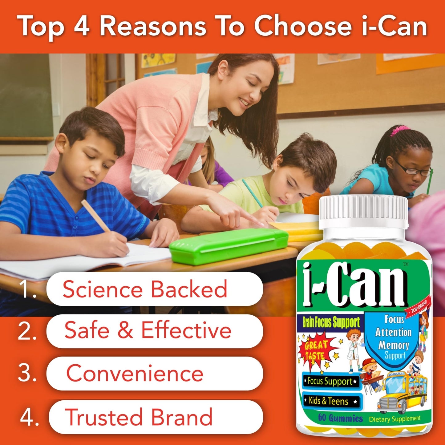 I-Can Focus Gummies for Kids & Teens, Omega 3 Gummies with DHA & EPA, Brain Health, Memory, Attention Support, Teen Brain Focus Vitamins, Non-Fishy Taste, Low Sugar, 60 Count - dailyvitalstore
