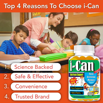 I-Can Focus Gummies for Kids & Teens, Omega 3 Gummies with DHA & EPA, Brain Health, Memory, Attention Support, Teen Brain Focus Vitamins, Non-Fishy Taste, Low Sugar, 60 Count - dailyvitalstore