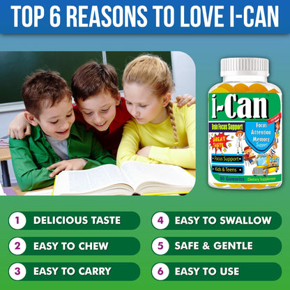 I-Can Focus Gummies for Kids & Teens, Omega 3 Gummies with DHA & EPA, Brain Health, Memory, Attention Support, Teen Brain Focus Vitamins, Non-Fishy Taste, Low Sugar, 60 Count - dailyvitalstore