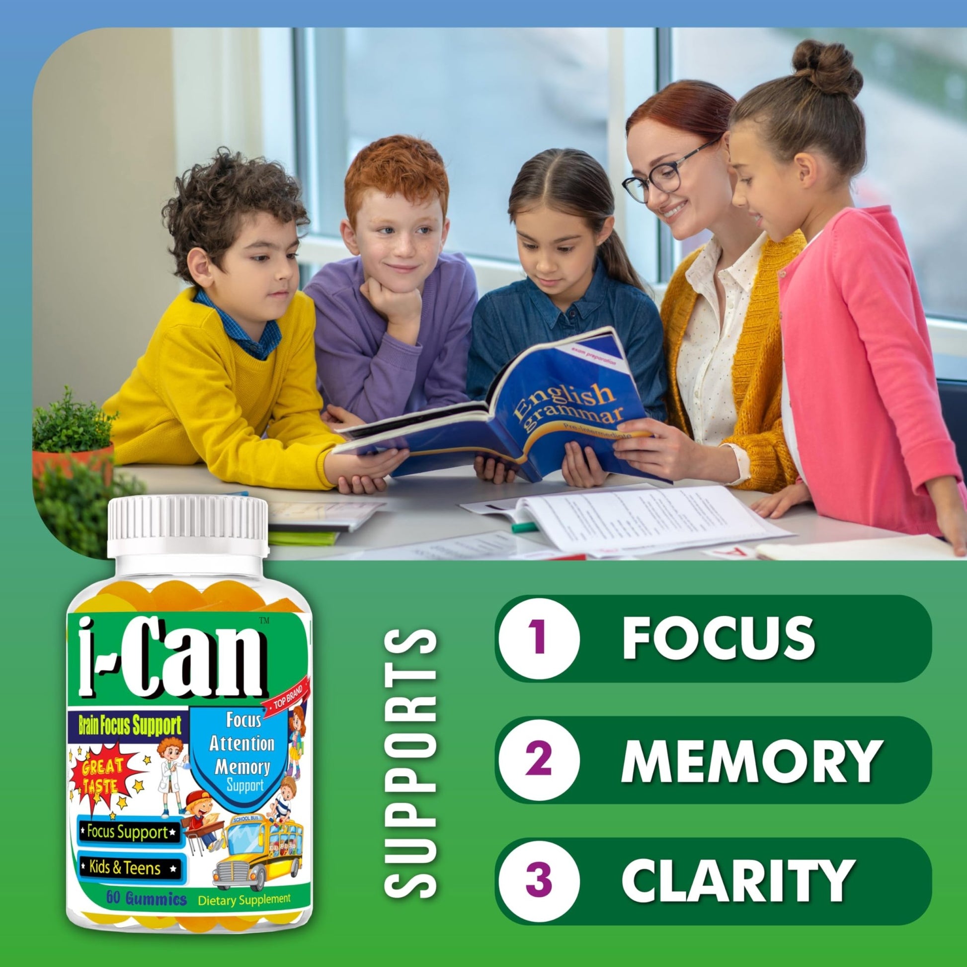 I-Can Focus Gummies for Kids & Teens, Omega 3 Gummies with DHA & EPA, Brain Health, Memory, Attention Support, Teen Brain Focus Vitamins, Non-Fishy Taste, Low Sugar, 60 Count - dailyvitalstore