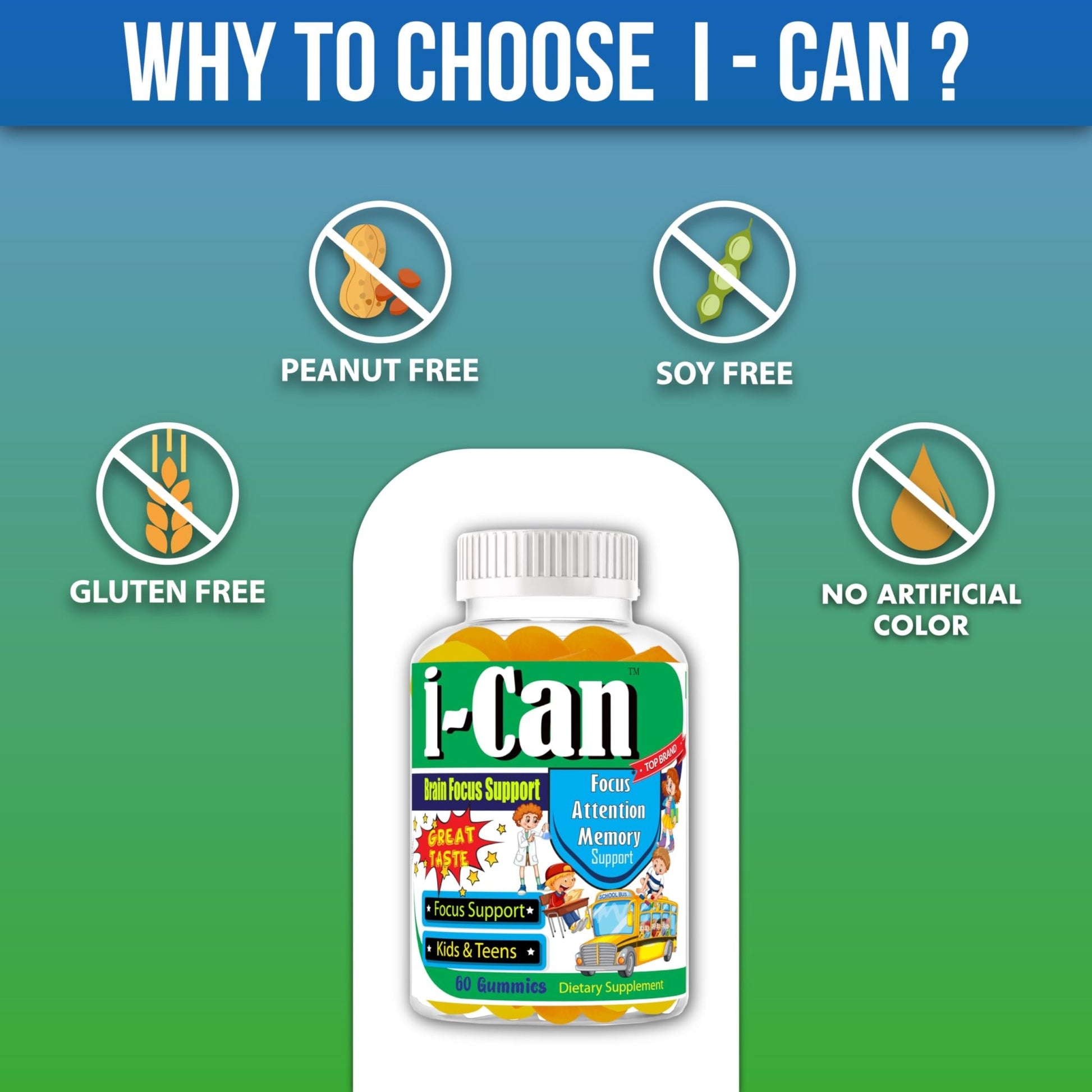I-Can Focus Gummies for Kids & Teens, Omega 3 Gummies with DHA & EPA, Brain Health, Memory, Attention Support, Teen Brain Focus Vitamins, Non-Fishy Taste, Low Sugar, 60 Count - dailyvitalstore