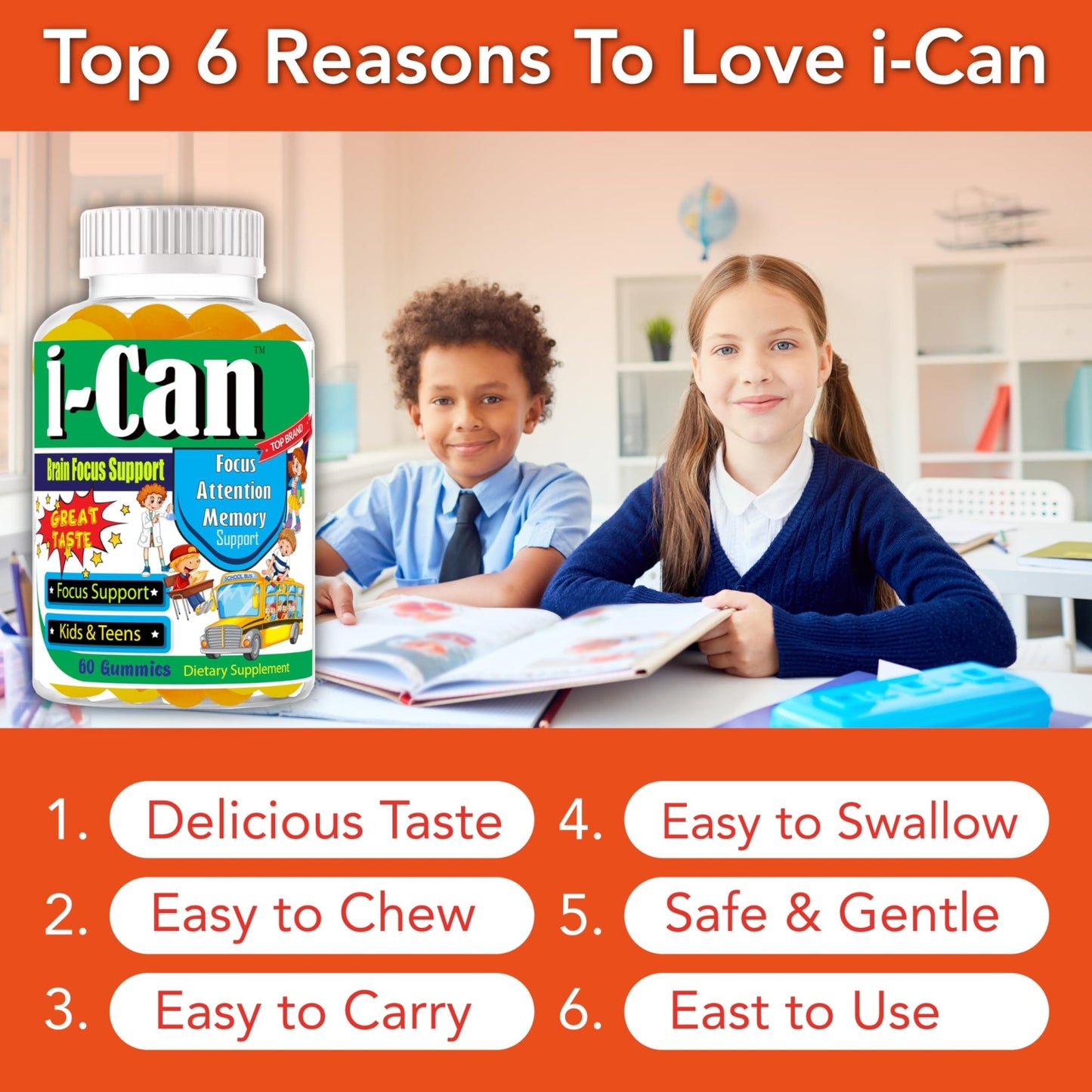 I-Can Focus Gummies for Kids & Teens, Omega 3 Gummies with DHA & EPA, Brain Health, Memory, Attention Support, Teen Brain Focus Vitamins, Non-Fishy Taste, Low Sugar, 60 Count - dailyvitalstore