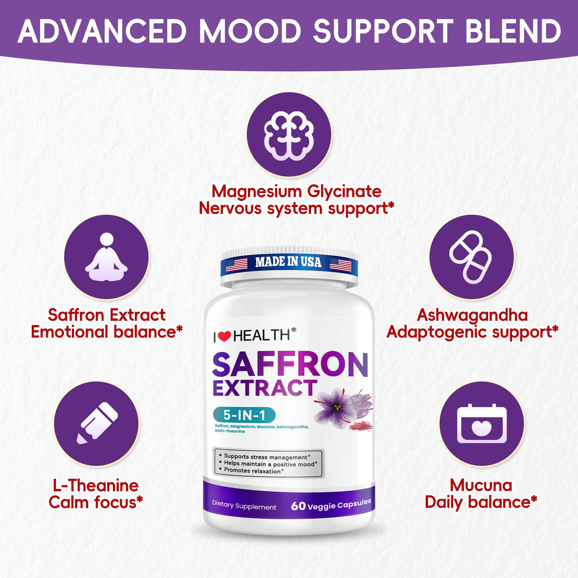 I LOVE HEALTH Saffron Supplement – 88.5mg with Magnesium Glycinate, Ashwagandha & L-Theanine for Stress Relief, Calm Mood & Emotional Balance – Made in USA – 60 Capsules - dailyvitalstore