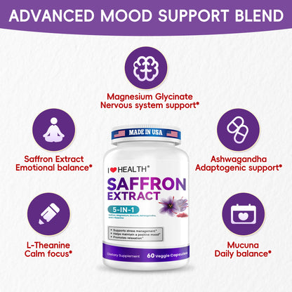 I LOVE HEALTH Saffron Supplement – 88.5mg with Magnesium Glycinate, Ashwagandha & L-Theanine for Stress Relief, Calm Mood & Emotional Balance – Made in USA – 60 Capsules - dailyvitalstore